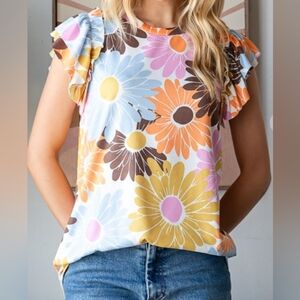 Floral Ruffle Sleeve Top - Multicolor